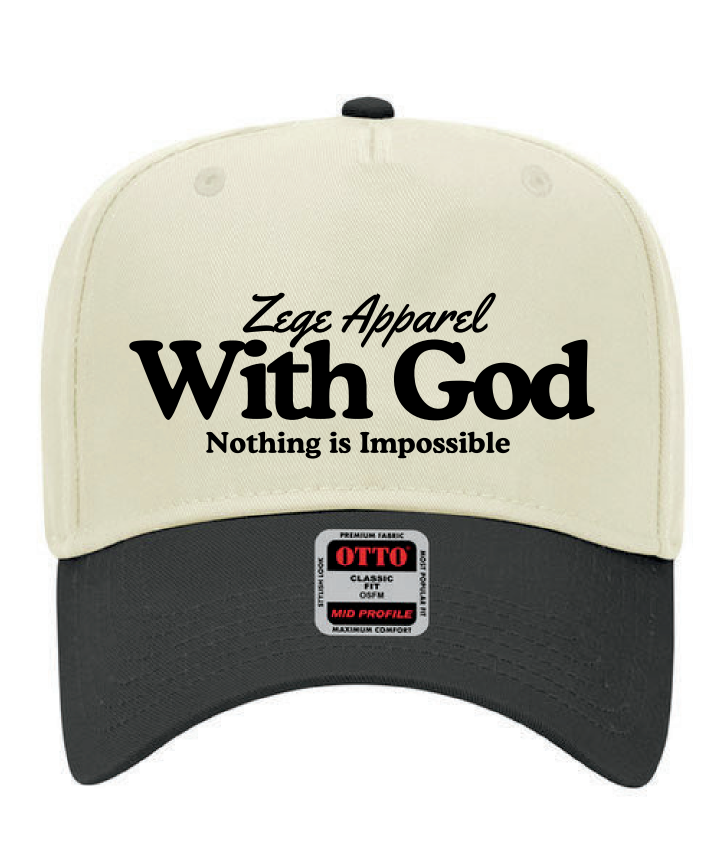 Zege Apparel two-tone off-white and black hat with “Nothing is impossible with God” embroidered